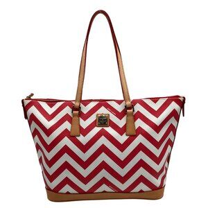 Dooney & Bourke Red Pebbled Grain Leather Striped Chevron Tote Bag With Wallet